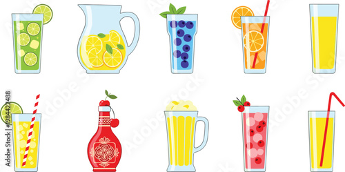 Colorful fresh fruit juice and beverage vector set with modern flat style