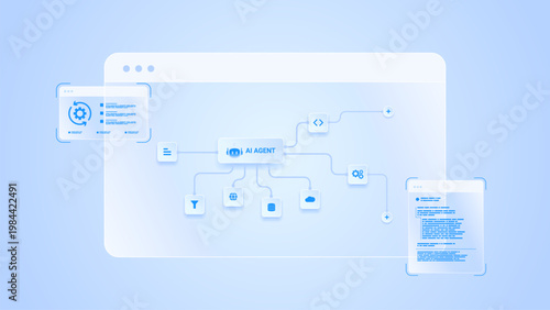 AI workflow automation artificial intelligence. ai agent workflow diagram dashboard machine learning showing node input, processing flow panel, coding panel and process flow.