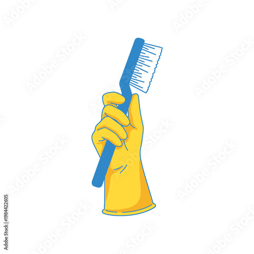 Yellow Gloved Hand Holding Blue Scrub Brush Vector Illustration