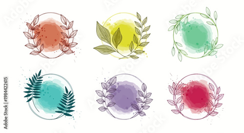 Collection of watercolor circular frames with delicate floral and leaf accents