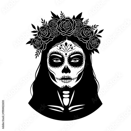 Day of the Dead Calavera Woman with Flower Crown Vector Illustration