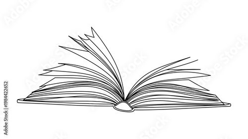 A black and white sketch of an open book. Continuous line style. Hand drawn. Line art. Vector design. illustration