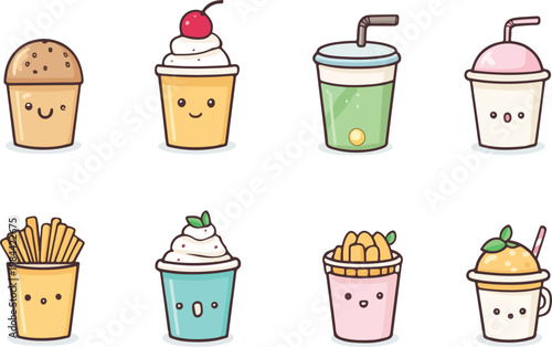 Cute vector illustration set of ice cream, cupcakes, cakes and sweet desserts with cherries, chocolate, fruits and candy in cartoon style for celebration and bakery design icons set