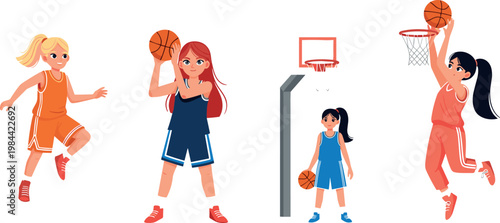 Girls playing basketball set female athletes dribbling shooting and jumping with ball sports activity vector illustration collection
