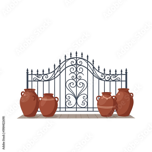 Ornate Wrought Iron Gate with Clay Terracotta Amphorae Illustration