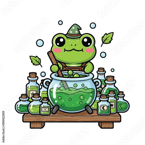 Frog in witch hat mixing potion.