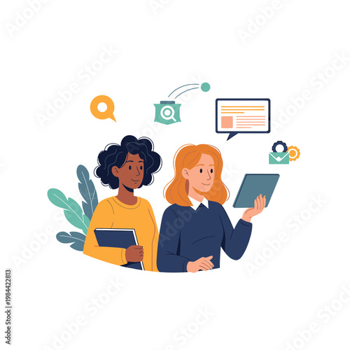 Two Businesswomen Collaborating with Digital Tablet Vector Illustration