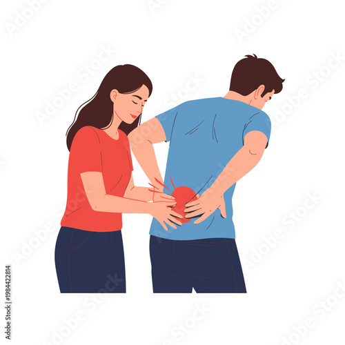 Man suffering from lower back pain helped by woman illustration