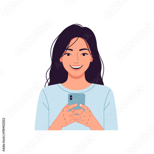 Happy Young Woman Holding Smartphone Vector Illustration