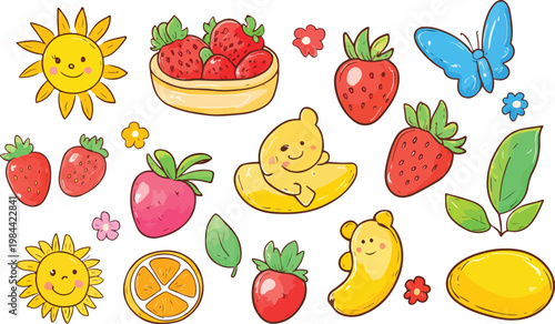 Fruit and vegetable icon collection set illustration with assorted fresh fruits like apple, banana, orange, strawberry, cherry, lemon, pear, plum, watermelon, pineapple, grapes and vegetables vector s