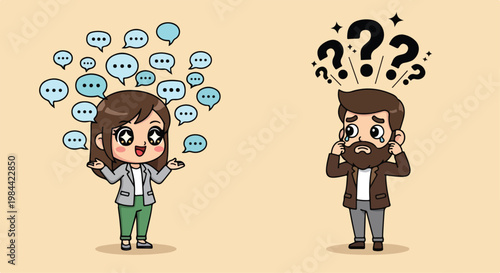 Confused young woman with speech bubbles and a puzzled man with question marks illustrating uncertainty and confusion