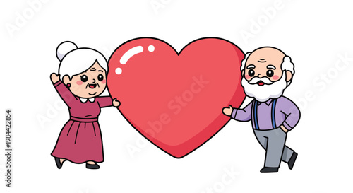 Cute cartoon elderly couple holding a large red heart symbolizing love and affection in a friendly illustration