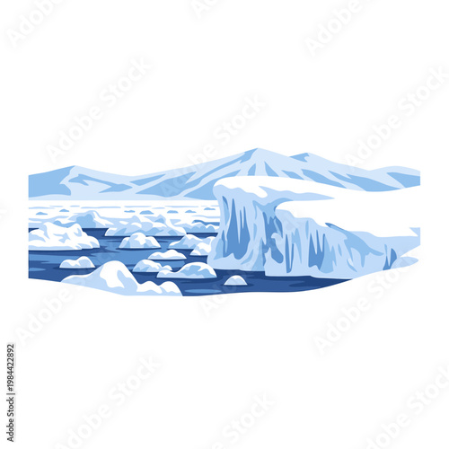Arctic Landscape Illustration with Icebergs and Mountains