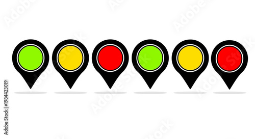Set of location pins with traffic light colors indicating status or progress, presented in a row on a white background