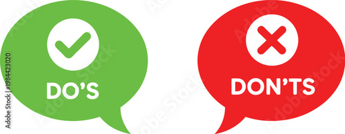 Comparison of green do and red dont checklist symbols in speech bubbles for guidance instruction and decision making design