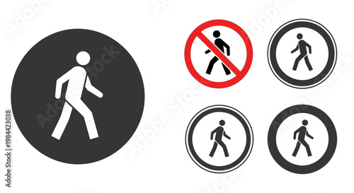 Collection of pedestrian crossing symbols and traffic signs indicating walk and do not walk directions