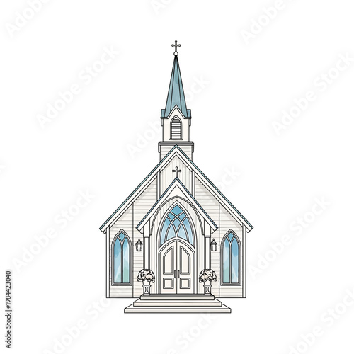 Traditional White Wooden Church with Steeple Vector Illustration