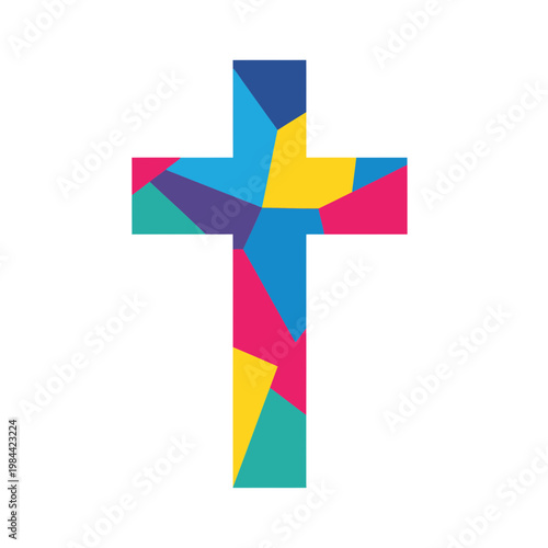 Colorful Geometric Mosaic Christian Cross Vector Illustration