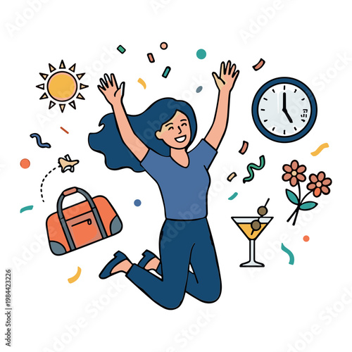 Woman jumping up celebrating with confetti clock and flowers around her