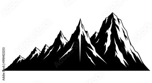 Vector silhouette of a majestic mountain range, featuring sharp, towering peaks that symbolize wilderness adventure, challenge, and the awe-inspiring grandeur of natural landscapes