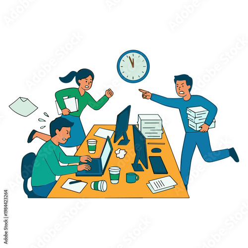 Office workers rush to meet deadline at their desks with stress