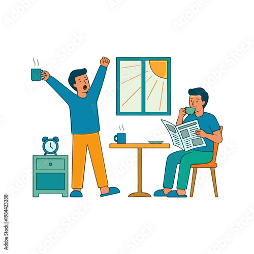 Two men celebrate morning with coffee and newspaper by the window