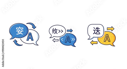 Modern vector icon set representing language translation services, global communication, and multilingual data exchange, ideal for international business and digital interfaces