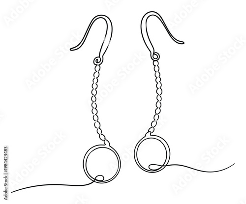 Elegant continuous line drawing of dangle hook earrings featuring a delicate chain and round ornament perfect for jewelry marketing, style guides, and accessory shop displays