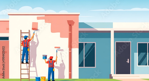 Dedicated professional painters applying a fresh coat of paint to a house exterior, showcasing skilled home renovation and building improvement with teamwork and efficiency