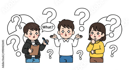Three young people engaged in a conversation with questioning expressions and speech bubbles illustrating curiosity