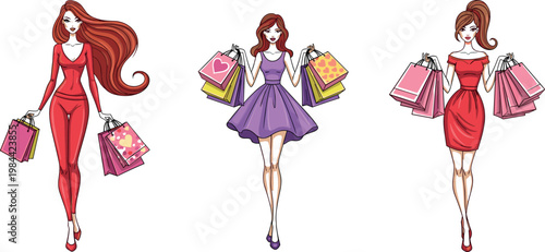 Vector illustration set of fashionable women shopping, carrying colorful shopping bags in stylish outfits, ideal for fashion, shopping, and retail designs