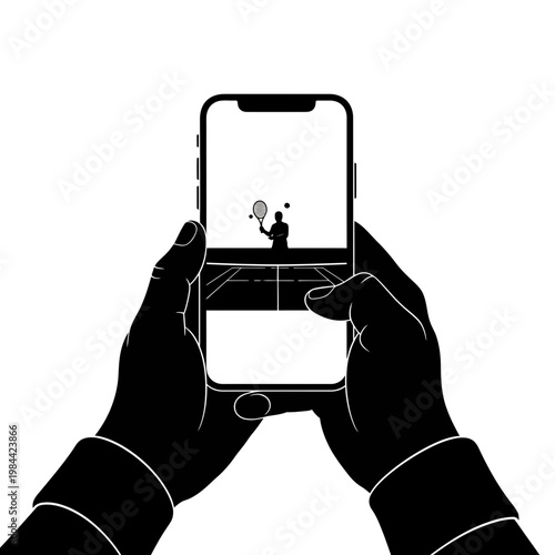 Watching Tennis Match on Smartphone Illustration Silhouette