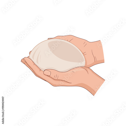 Vector illustration of hands holding a silicone breast implant
