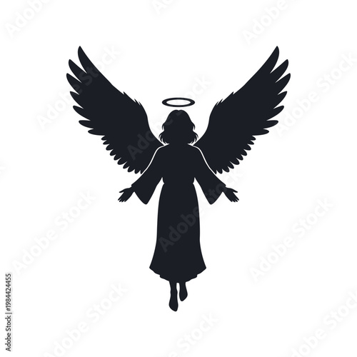 Black Angel Silhouette with Spread Wings and Halo Vector
