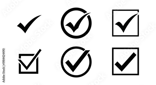 Collection of Six Black and White Check Mark Icons Representing Completion and Agreement
