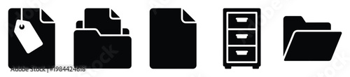 Set of document and folder icons representing data storage, file management, and office organization concepts for business applications and digital interfaces