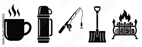 Versatile set of outdoor recreation and winter activity icons including steaming mug, thermos, fishing rod, snow shovel, campfire, perfect for seasonal graphic designs and adventure projects