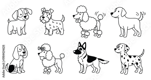 Diverse collection of adorable outlined dog breeds perfect for childrens books pet care guides and animalthemed graphic design projects requiring playful pet imagery