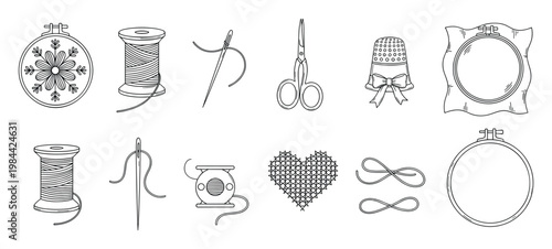 Outline collection of sewing and embroidery tools and notions perfect for crafting projects textile workshops and handmade hobby enthusiasts