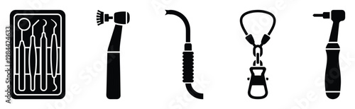 Black silhouette icons of various dental instruments and equipment used in dentistry practice, suitable for healthcare and educational graphic applications