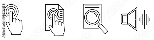 Diverse set of outline user interface icons representing tap interaction, document file searching, and audio volume adjustment suitable for app development and website design