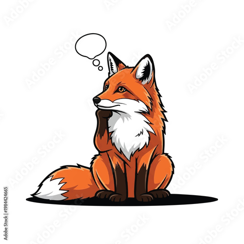 Thinking cartoon red fox with speech bubble.