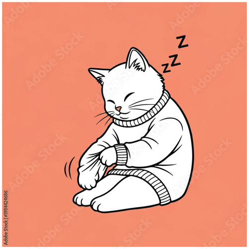 Sleeping Cat in Sweater Cartoon.
