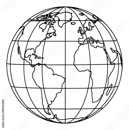 Black line drawing of a world globe with continent outlines and a grid, perfect for educational materials, travelrelated content, or global business concepts