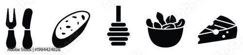 Simple black and white food related icons featuring cutlery, a bread appetizer, honey dipper, a snack bowl, and cheese, suitable for menus, culinary apps, or ingredient labels.