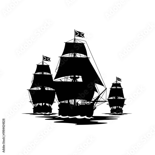 Black Silhouette of Three Antique Sailing Ships on the Water