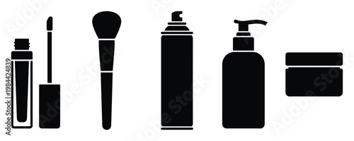 Collection of essential cosmetic and skincare products including a lip gloss, makeup brush, aerosol can, pump bottle, and cream jar for beauty and hygiene concepts