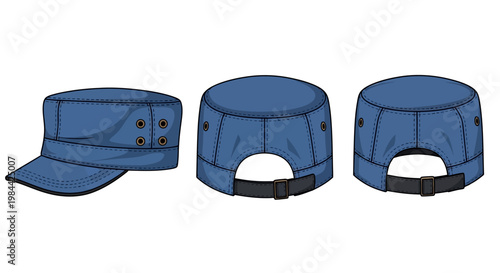 Vector art of a blue military cadet cap in three views side, back, and angled. Classic design with stitching and adjustable strap for graphic use