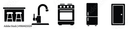 Essential household items and kitchen appliances including a counter, faucet, stove, refrigerator, and door, presented as solid black vector icons for various design projects.