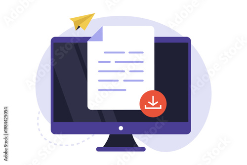 Illustration of Digital Document File Download on Computer Screen. A computer monitor displaying a document file with a download button icon, representing cloud storage and digital file transfer